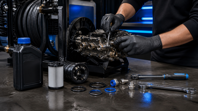 Pump rebuild with seals and fittings laid out