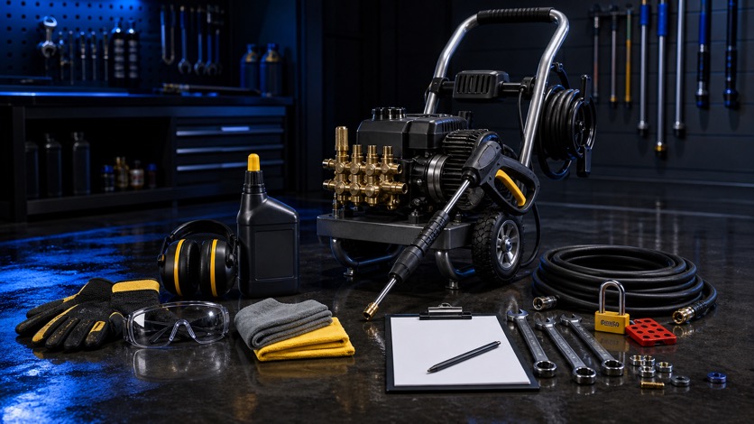 Pressure washer with PPE and maintenance tools
