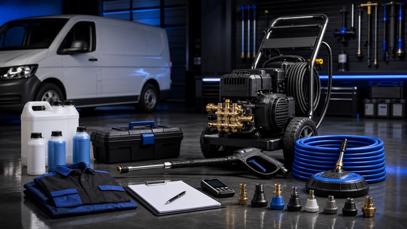 Pressure washer equipment and accessories laid out